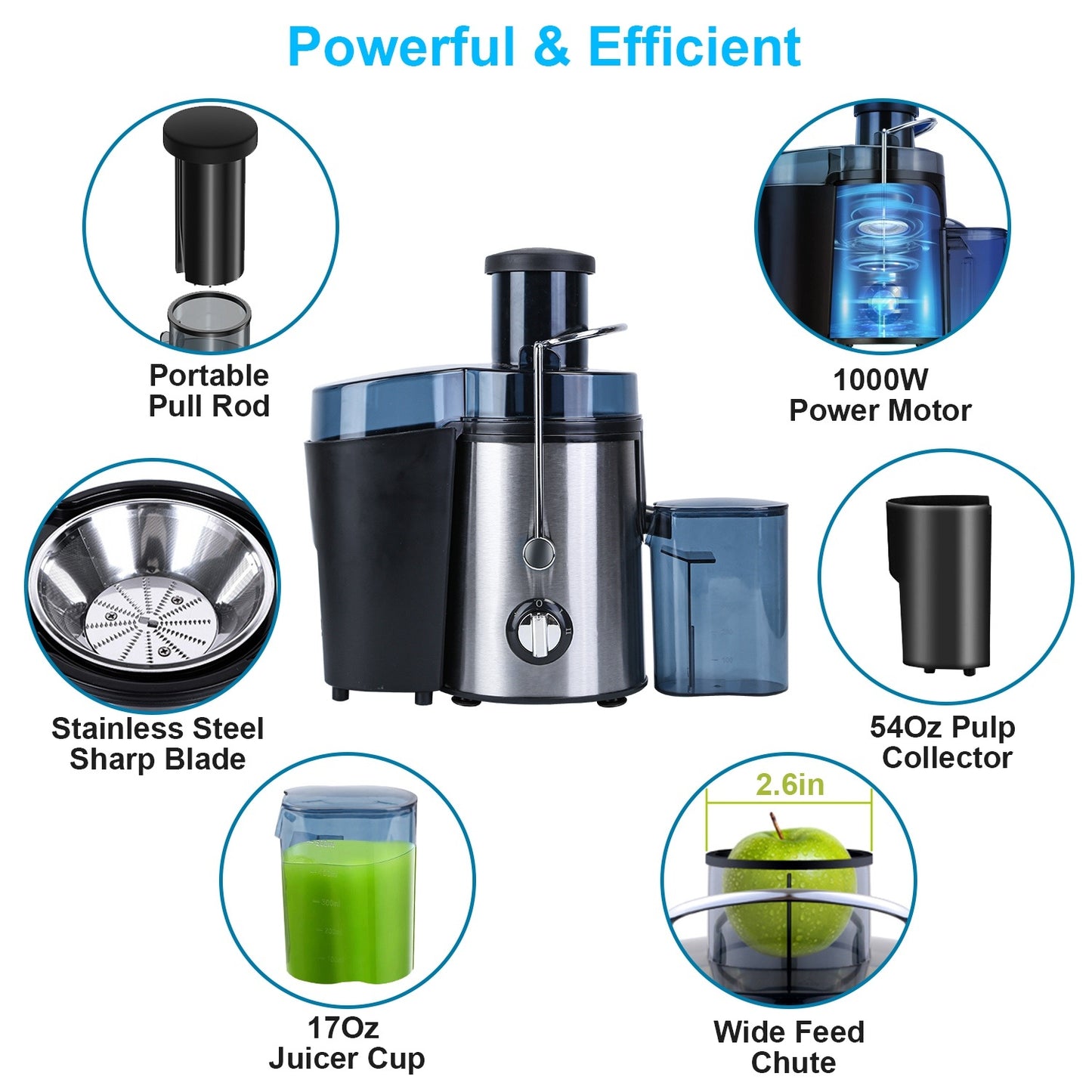 Juicer Juice Extractor With 2 Speeds 2.6in Wide Feed Chute 17Oz Juicer Cup 54Oz Pulp Collector Electric Juicer For Fruits Vegetables