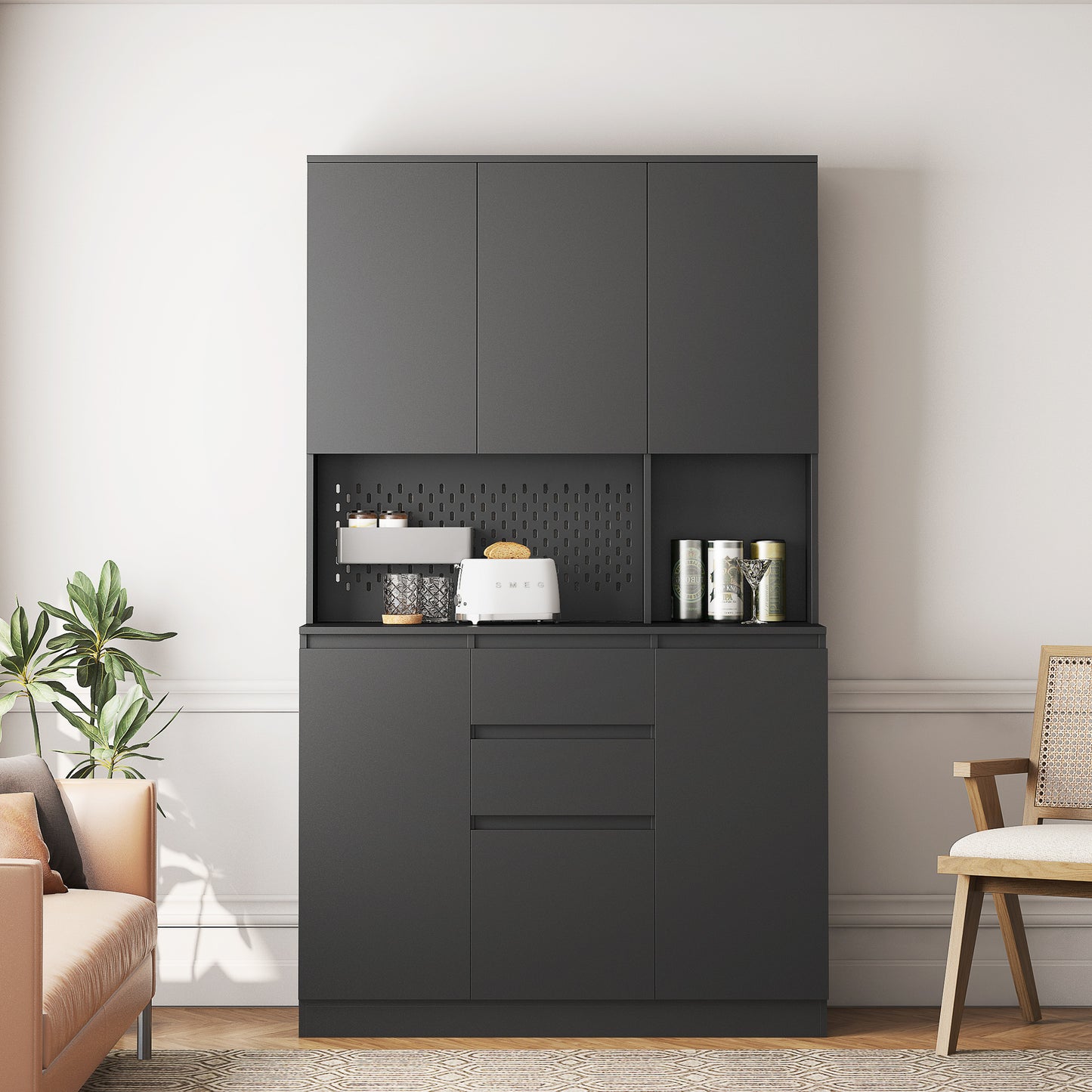 Kitchen Pantry Cabinet Cupboard With 6 Doors,3 Shelves And 2 Drawer
