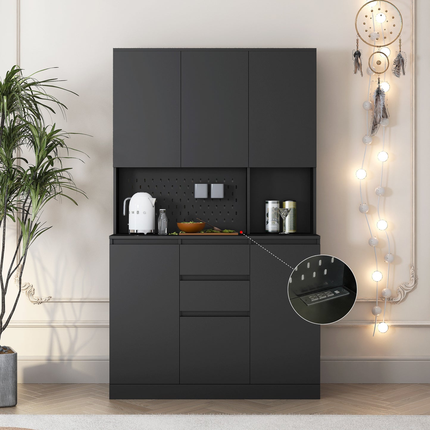 Kitchen Pantry Cabinet Cupboard With 6 Doors,3 Shelves And 2 Drawer