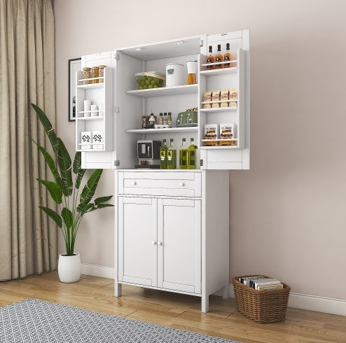 Kitchen Pantry, Storage Cabinet , Kitchen Cabinet , Drawer And Adjustable Shelves, For Kitchen, Dining Room, White