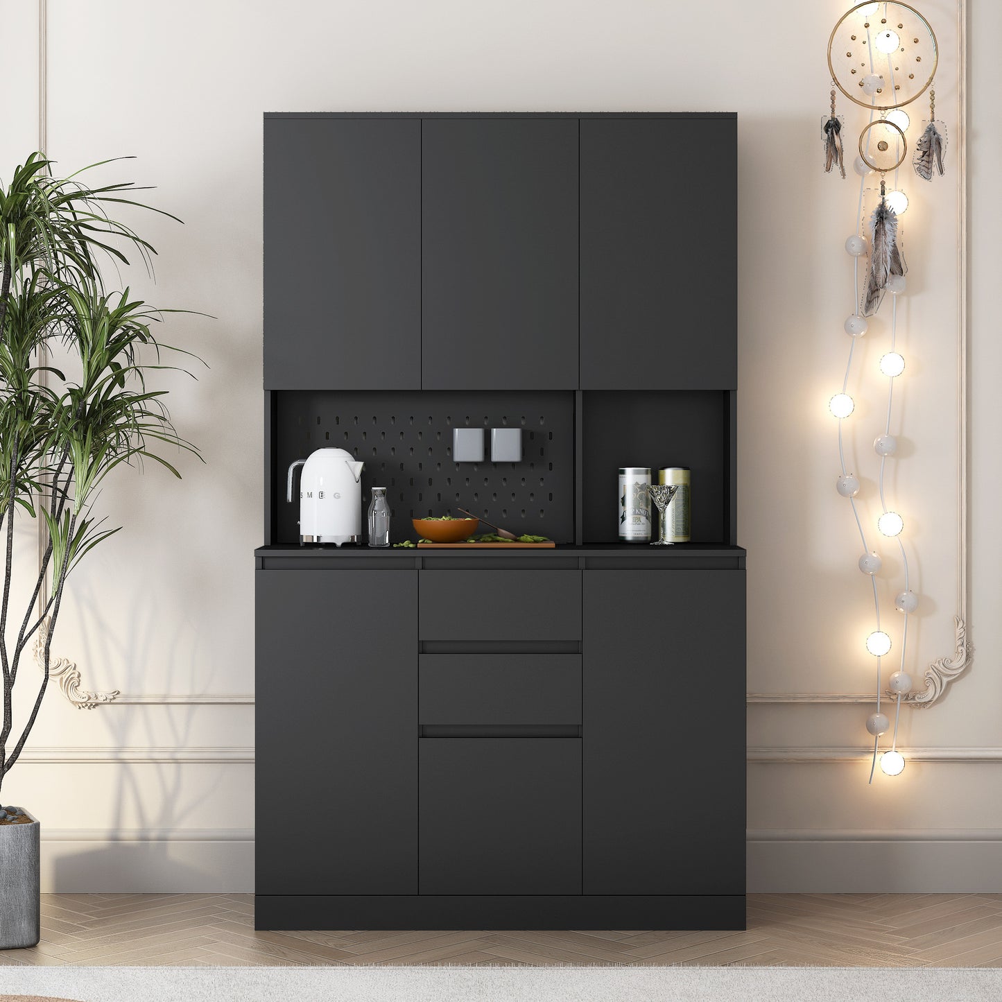 Kitchen Pantry Cabinet Cupboard With 6 Doors,3 Shelves And 2 Drawer