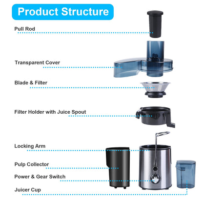 Juicer Juice Extractor With 2 Speeds 2.6in Wide Feed Chute 17Oz Juicer Cup 54Oz Pulp Collector Electric Juicer For Fruits Vegetables