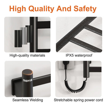 SIOYIE Towel Warmer Bathroom Wall Mounted 6 Bars Electric Towel Drying, 150 W 500 800 MM Heated Towel Rack With Intelligent Touch Screen Timer And Temperature Control Black Left