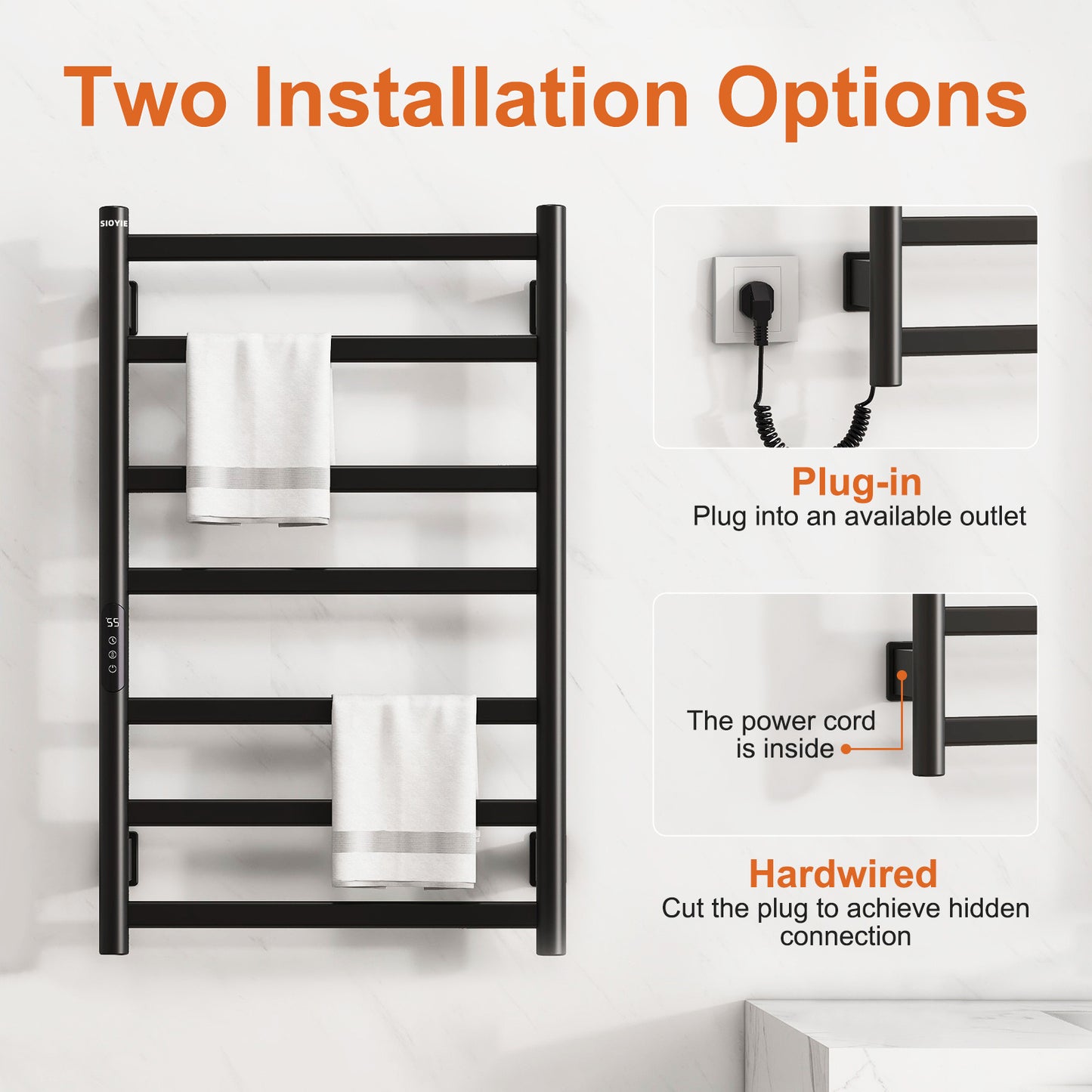 SIOYIE Towel Warmer Bathroom Wall Mounted 6 Bars Electric Towel Drying, 150 W 500 800 MM Heated Towel Rack With Intelligent Touch Screen Timer And Temperature Control Black Left