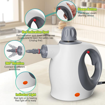 Handheld Steam Cleaner With Safety Lock, 500 Ml Large Water Tank 12 Piece Accessory Set Deep Cleaning Multiple Surfaces For Kitchen, Bathroom, Car,  OffWhite